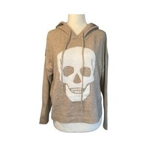 Sweet Romeo Skull Print Hooded Sweater Tan White Knit Long Sleeve Pull-Over‎ S